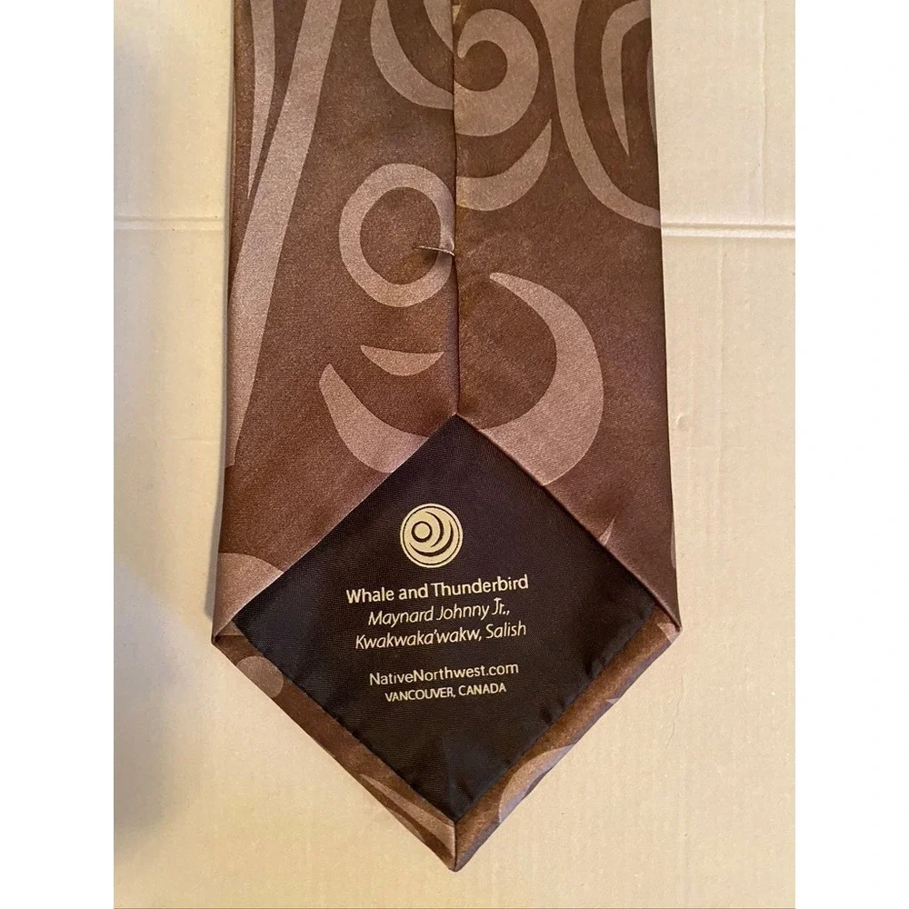 Native Northwest Whale and Thunderbird Brown Silk Tie Maynard Johnny Jr Salish